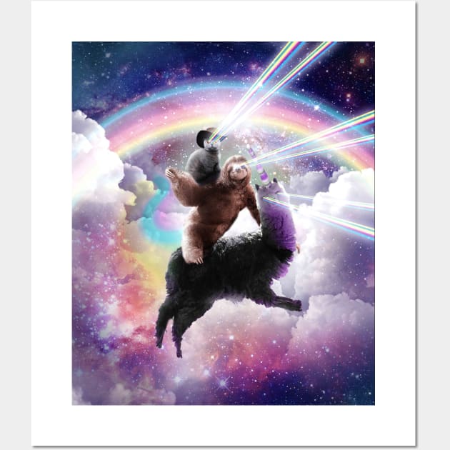 Laser Eyes Space Cat Riding Sloth Llama - Rainbow Wall Art by Random Galaxy